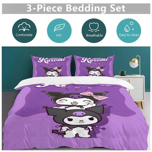 v1517 Kuromi Täcke Set Tjockt Mjukt 3 Delars Sängklädesset Året Runt Täcke med 2 Örngott för Vuxna Kvinnor Tjejer Tonåringar Hem Rum Inredning io1517 135x200cm 53x78in