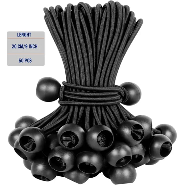 50-pak Bungee-bolde, sort snor til presenning, UV-bestandig, med elastisk snor til presenning, presenning, stropper, telte, stænger og tråde BLACK(20CM 9INCH)