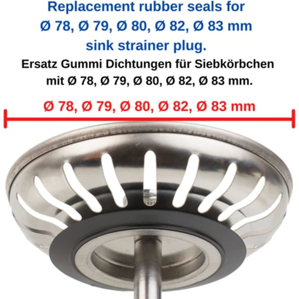 O-ring tetning i gummi, 5 stk. tetninger for badekarpropper, tetningsskiver i gummi for kjøkkenvask, kompatibel med Franke kurvsilplugger, kompatibel med 82 83 mm