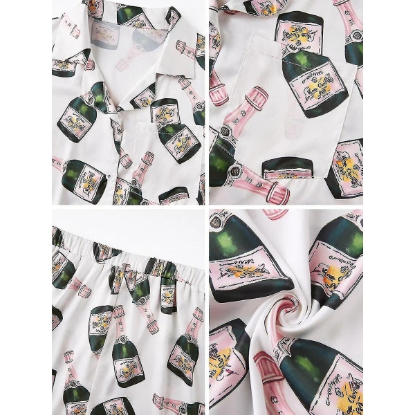 Champagne Flaskor Knapp Pyjamas Set Kvinnor Tryckt Kortärmad 2 Delar Mjuk Lös Casual Nattkläder  TA XL