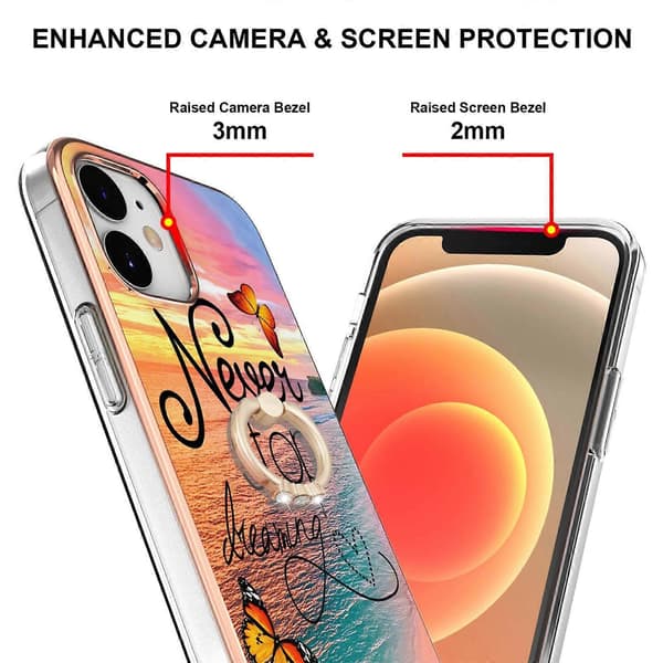 Til iPhone 12 mini galvaniseringsmønster IMD TPU stødsikkert etui med rhinstensringholder Dream Chasing Butterfly