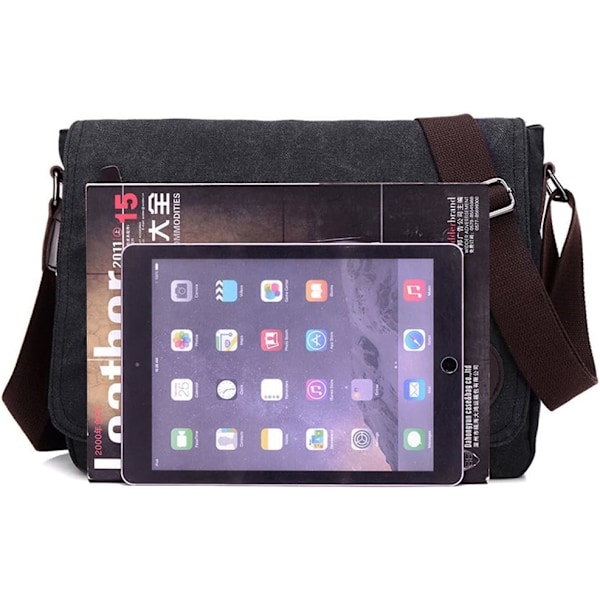 Laptopveske 14 tommer Herre Vintage Casual Fashion Canvas Messenger Bags Briefcase Crossbody Single Shoulder Bag 36,8 x 7,6 x 29 cm, Svart