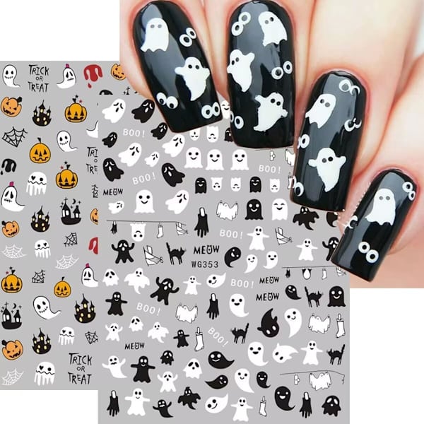 8 ark Halloween nagelkonst klistermärken dekaler självhäftande söta spöken pumpor skalle spindelnät nageltillbehör nagelkonst design dekoration tillbehör