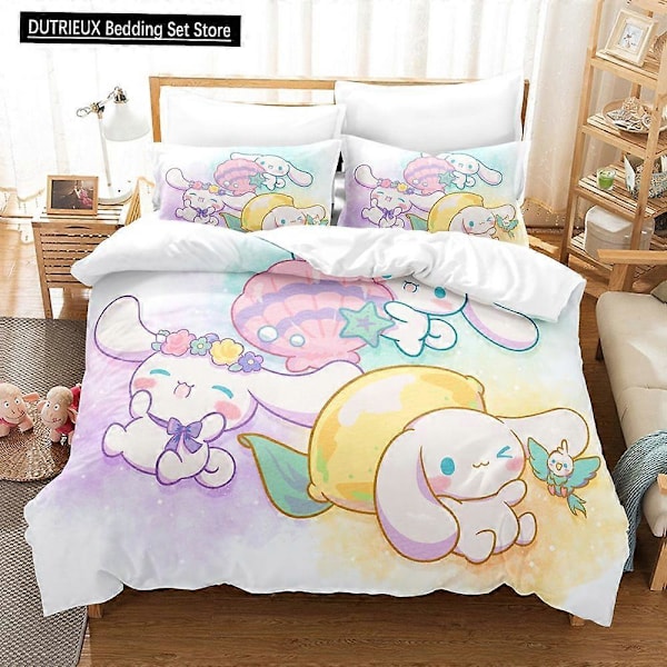 v719 Sängkläder Tecknad Påslakan Örngott Sängset Söt Cinnamoroll Barnsäng Dubbelsäng Bekväm Säng Full Twin King Size 3-delars Sängkläder 135x200cm 53x78in