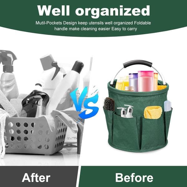 Portable Cleaning Caddy Storage Bag, with 6 Pockets, Foldable Cleaning Storage Basket with Handle, Durable Cleaning Storage Bag (Dark Green)