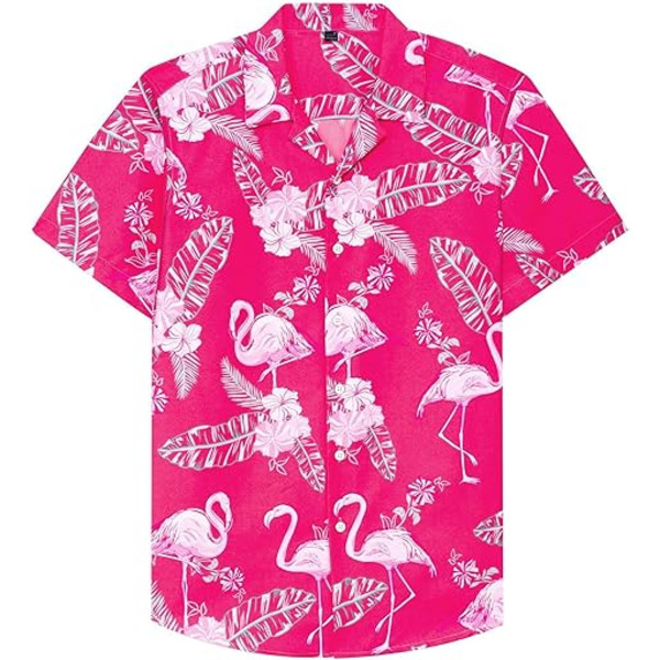 Miesten Havaijin paita ja shortsit -setti, Regular Fit, lyhythihainen, rento, funky rantapuku, flamingopaita S Pink