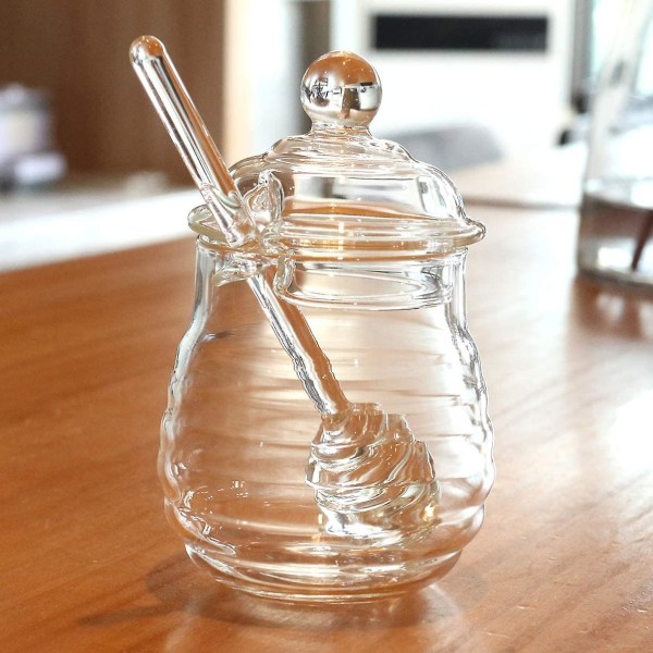 250 ml:n lasikirkas hunajapurkki kauhalla ja cover, lämmönkestävä hunajapurkki kotiin