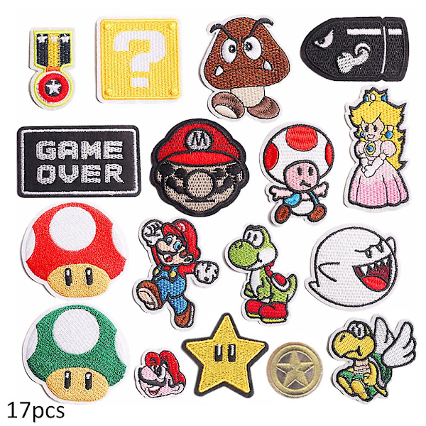 17 stk. Super Mario Bros tema broderede patches sy på/stryg på patches dekoration applikation til tøj, hat, diy tilbehør