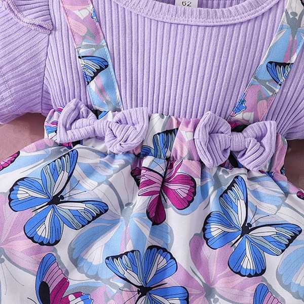 Babyflickor Kortärmad Jumpsuit Klänning Broderimönster Kortärmad Hängselkjol med Huvudband Kjol Sommarset för Nyfödda 0-18 Månader 74 Purple