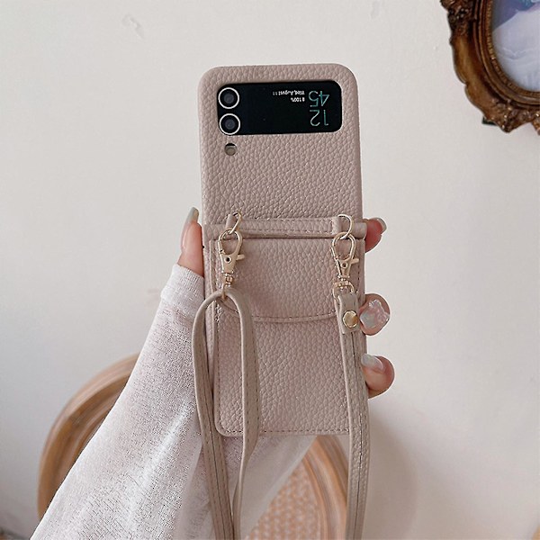 Z Flip 5 -kotelo irrotettavalla hihnalla, crossbody-vetoketjutaskulla ja jalustalla naisille ja miehille, Galaxy Z Flip 5 -lompakkokotelo beige