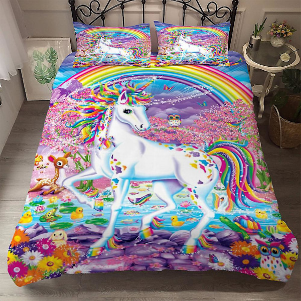 3D-tryckt enhörningsbäddset påslakan täcke örngott enkel dubbelsäng barn julklapp Un02 UK SINGLE 135x200cm