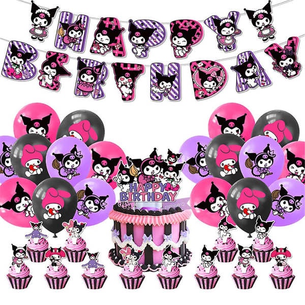 Kuromi-tema födelsedagsfest dekoration banner ballonger kit tårta cupcake toppers set