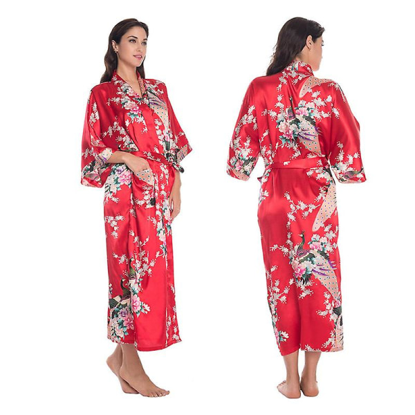 Dam Lyx Mjuk Silke Satin Kimono Morgonrock Klänning Lång Morgonrock Nattkläder Nattkläder Red 3XL