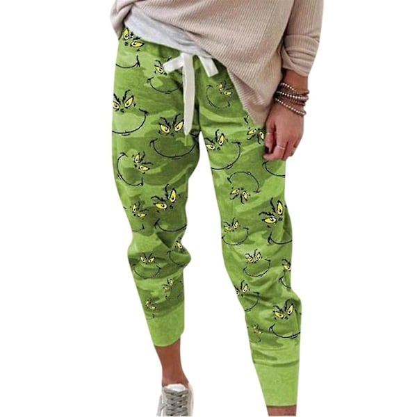 Naisten Grinch-painatuksella varustetut rento housut ja Grinch-kasvojen juomapullot jouluhupparit_ll Pants XL
