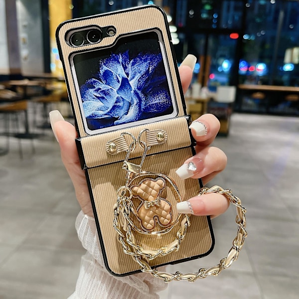Galaxy Z Flip 5 -kotelo, söpö karhu pystysuora kuvio saranasuojakotelot Samsung Galaxy Z Flip 5:lle rannekkeella Gold