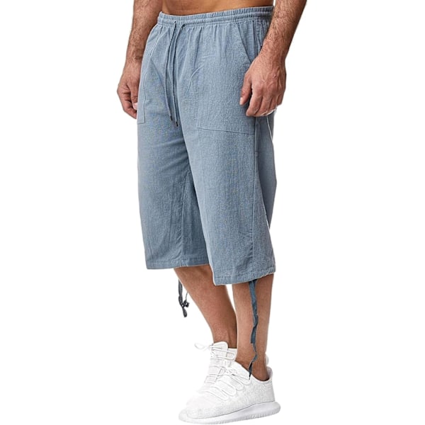 Herre Linned Shorts 3/4 Længde Bukser Sommer Bukser Strand Yoga Joggere Casual Sweatpants L Blue