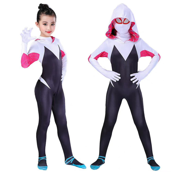 Barn Flickor Pojkar Spider Gwen Huvtröja Jumpsuit Med Mask Halloween Cosplay Kostym 9-10Years