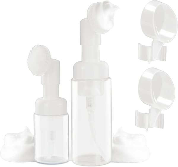 Sæt med 2 pumpedispenserflasker, 100/150 ml skummende sæbeflasker med silikone ansigtsrensende og masserende børste.