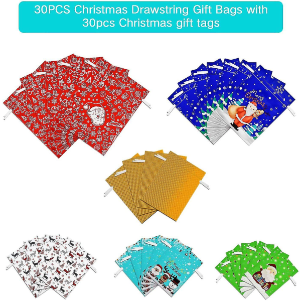 Presentpåsar med dragsko för jul i 5 olika utföranden för julfester 30pcs