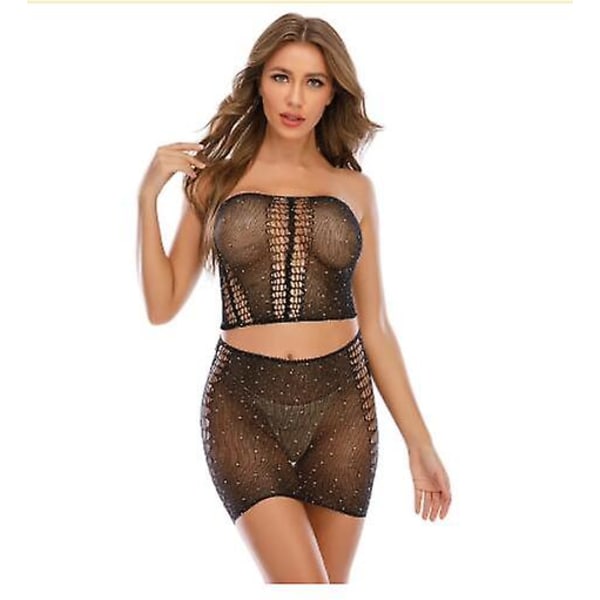 Kvinnors Fantasifullt Sexig Nät Lingerie Set med Rhinestones Genomskinlig Erotisk Kjol Underkläder Set Sexig Stripper Kläder Sex Outfitsa-1