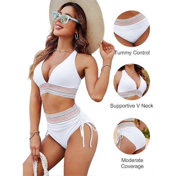 Högmidjade Bikinis för Kvinnor, Tummy Control, Färgblock, Tvådelad, Snörning White M