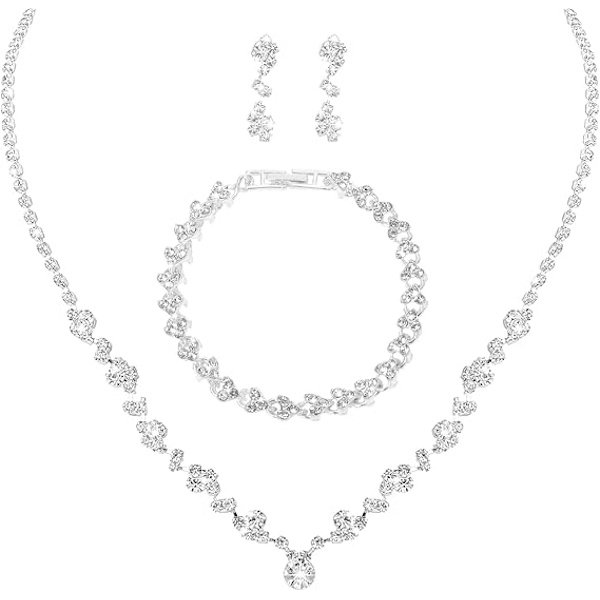 Bröllopssmyckesset med strass, bröllopssmyckesset i silver, bröllopshalsband och örhängen, brudbrudtärna bal smyckesset