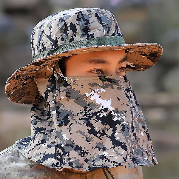 Camouflage fiskehat - Justerbar hagerem solbeskyttelse vindafvisende