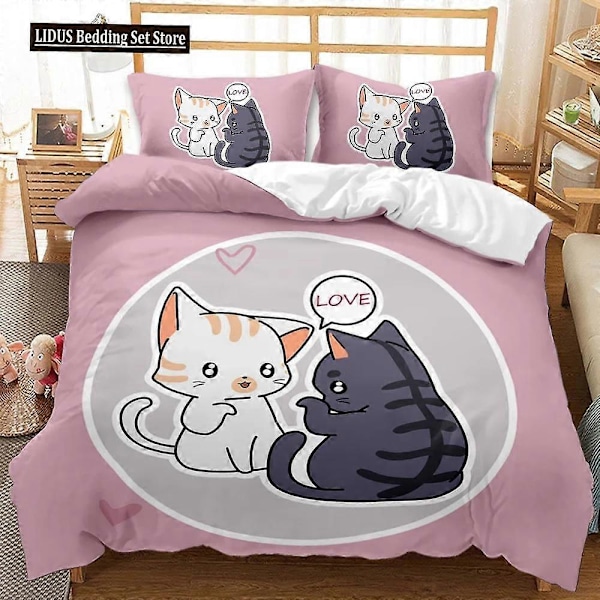v1118 Sengesett Kattesengesett Søtt Tegneserie Katt Dobbeltsengesett For Gutter Jenter Dyr Kattemønster Queen King Size Polyester Dynetrekk 3-Deler 240x260cm 94x102in