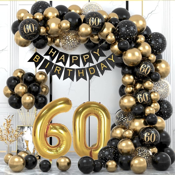 60th Birthday Decoration, 60th Birthday Decoration, Happy Birthday Garland Balloon Black Gold Decoration 60th