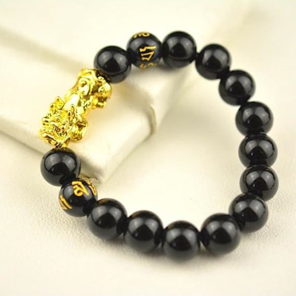 Feng Shui sort obsidian armbånd rigdom 12mm Pixiu perler armbånd til mænd bands sanskrit hånd udskæringer mantra for mænd kvinder armbånd (12mm)