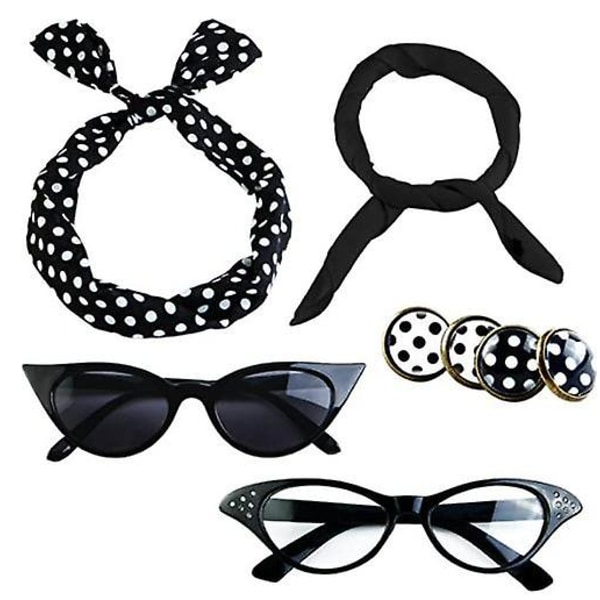 1950'er kostume tilbehørssæt, 50'er tørklæde pandebånd Øreringe Kattebriller sæt til kvinder pige festdekoration Black