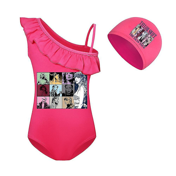 7-14 år Taylor Swift The Eras Tour badedrakt badedrakt med badehette en skulder volang badedrakt for strandbasseng barn jenter rose Red 7-8 years old
