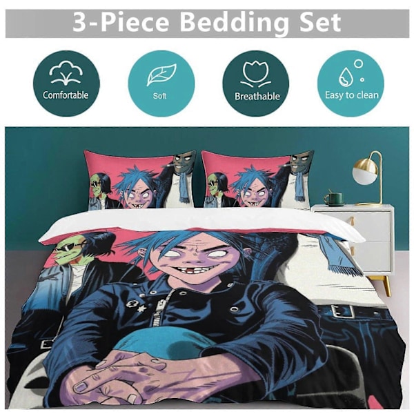 x484 Gorillaz 3-osainen vuodevaatesetti Lämmin ja mukava pehmeä pussilakanasetti, jossa 1 pussilakana ja 2 tyynyliinaa makuuhuoneeseen b484 135x200cm 53x78in