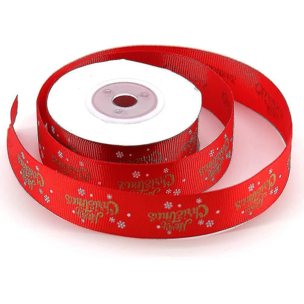 Bånd med 'Glædelig Jul' og snefnugdesign - Til håndværk og gaveindpakning - Rød - 9,1 m lang og 2 cm bred