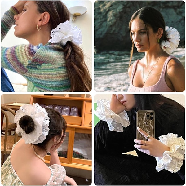 2 st vita spets scrunchies stora hårscrunchies för kvinnor, elastiska stora scrunchies, överdimensionerade mjuka slipsar rep hårsnoddar scrunchie