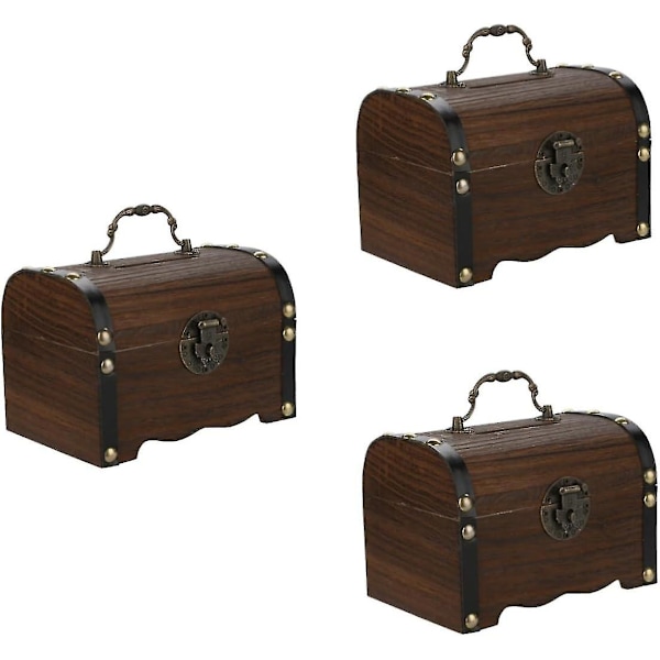 2 stk. trækasse til opbevaring af mønter - dekorativ udskæring - håndlavet retro - vintage - til børn - med sikker lås - 14 x 1 x 14 cm