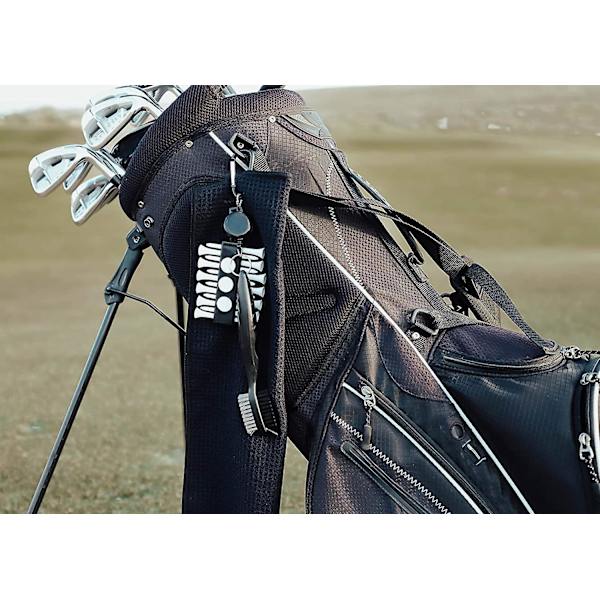 Presentset med golftillbehör - golfhandduk, golfklubbborste med spårrengörare, hopfällbart divotverktyg med bollmarkör, golfbollmarkör och golftee