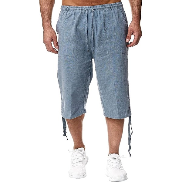 Herre Linned Shorts 3/4 Længde Bukser Sommer Bukser Strand Yoga Joggere Casual Sweatpants 3XL Blue