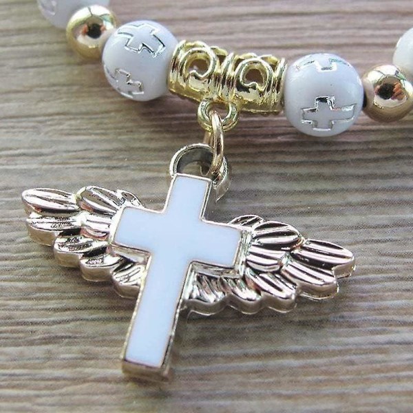 Angel Wing Cross Armbånd, Rosenkrans Armbånd Til Kvinder, Katolsk Stretch Perle Armbånd Dåbsgave 4pcs