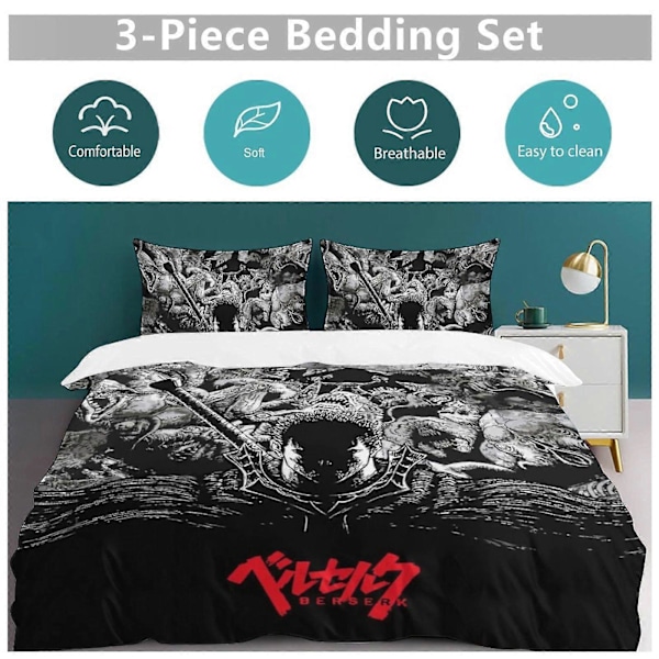 x318 Anime Berserk 3-delt Sengesæt Varmt Og Behageligt Blødt Dynebetræk Sengesæt med 1 Dynebetræk Og 2 Pudebetræk til Soveværelse b318 135x200cm 53x78in