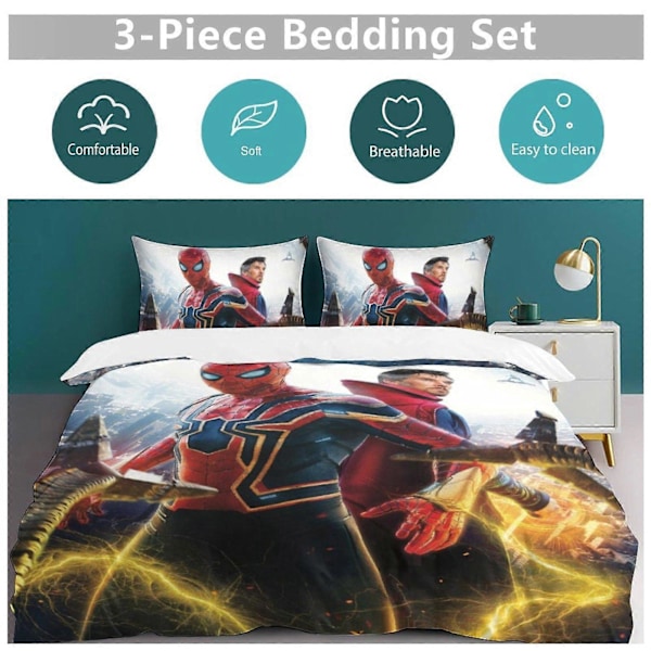 c123 Spider-Man -vuodevaatesetti, 3-osainen pehmeä ja lämmin vuodevaatesetti, jossa 1 pussilakana ja 2 tyynyliinaa makuuhuoneeseen, ympärivuotiseen käyttöön hno123 135x200cm 53x78in