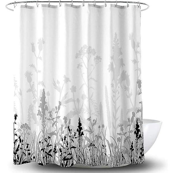 Bruseforhæng 180x210cm Sort Og Grå Blomster Badeværelse Stof Bruseforhæng Med Kroge Dekorative Badeværelsestilbehør Vandtæt Forstærket Metal G