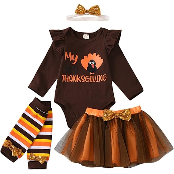 Europa, Amerika, vår og høst Thanksgiving eksplosjon trend firedelt kalkun trykk langarmet skjorte gasbind skjørt jente dress light brown 12-18Months