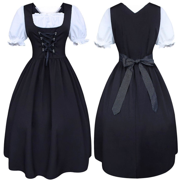 S-5xl Women's Midi Dirndl Dress 2-pieces With Apron And Blouse Black White S