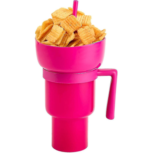 Snack og drikkekop 2 i 1, stadionkrus, snackkopskål med sugerør, genanvendelig snack og drikkekop, stænksikker lækagesikker bærbar snackkop, 2-lags Pink