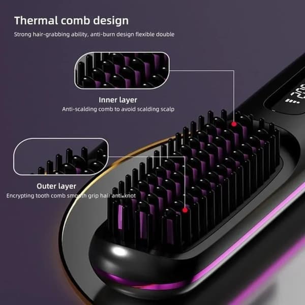 Wireless Hot Brush / Straightening Brush - Electric Ceramic Brush with USB, LCD and Ion Function, Rechargeable - Black