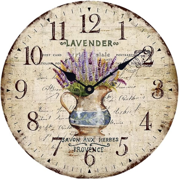 Träväggklocka 12"vintage franskt print Lavendel i kruka Romantisk Shabby Chic Stora dekorativa romerska siffror Analog Batteridriven Tyst F