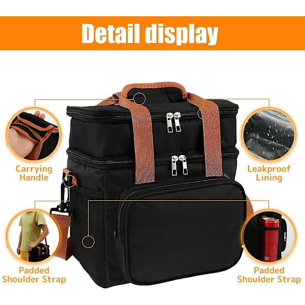Isoleret mad køletaske dobbelt frokosttaske skuldertaske 27,5X25X18Cmfor egnet til rejser, strandcamping og fiskeri (sort)