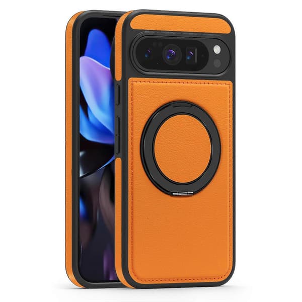Compatible with Google Pixel 10 Pro XL Case with Ring Stand Compatible with MagSafe PU Leather Back Orange Orange Orange