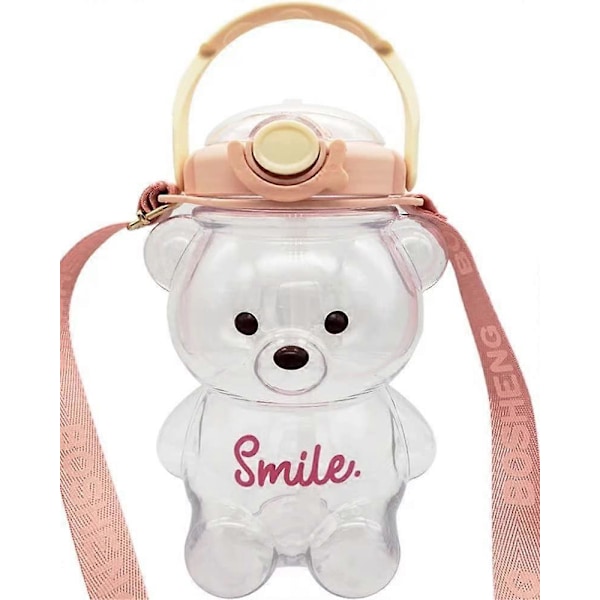 Søte Vannflasker med Sugerør, 3D Søte Klistremerker og Justerbar Stropp, Kawaii Bjørn Vannflaske for Barn Kvinner Jenter Clear 45 oz